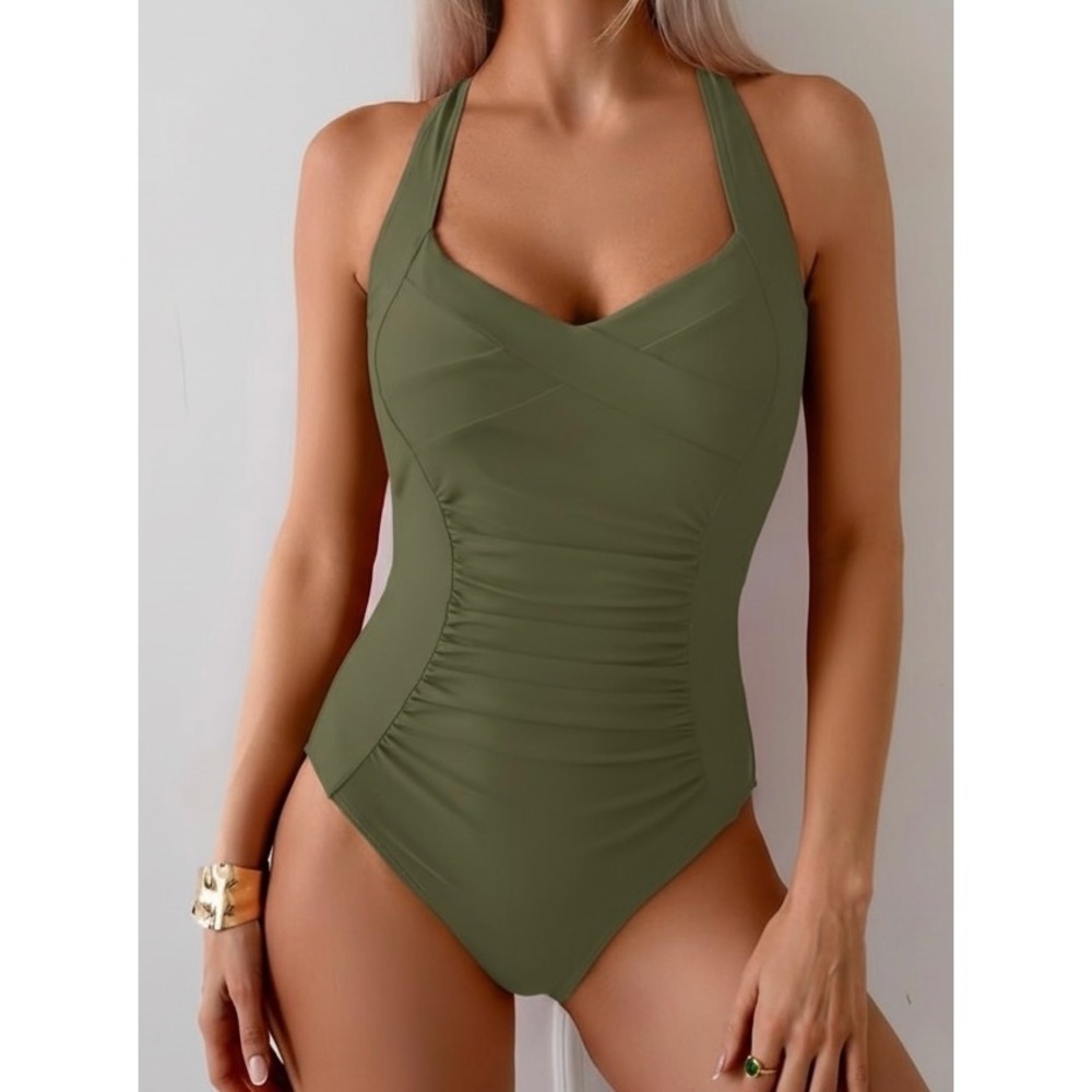 NEW Women Olive Green XL Ruched One Piece Swimsuit Tummy Control Swimwear